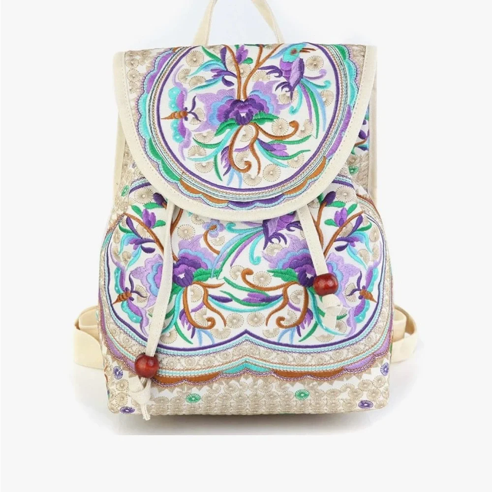 Elegant Floral Embroidered Backpack - Cream and Purple